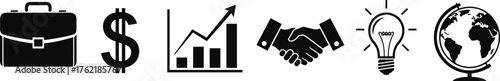 Business, finance, growth, partnership, innovation, global, icon set, black symbol, white background, corporate, strategy, success, teamwork, idea, money