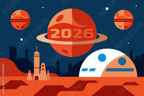Mars colony in 2026 with rocket and futuristic buildings