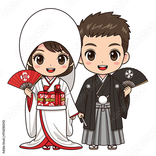 Cartoon illustration of a Japanese couple in traditional wedding attire, holding fans and smiling.