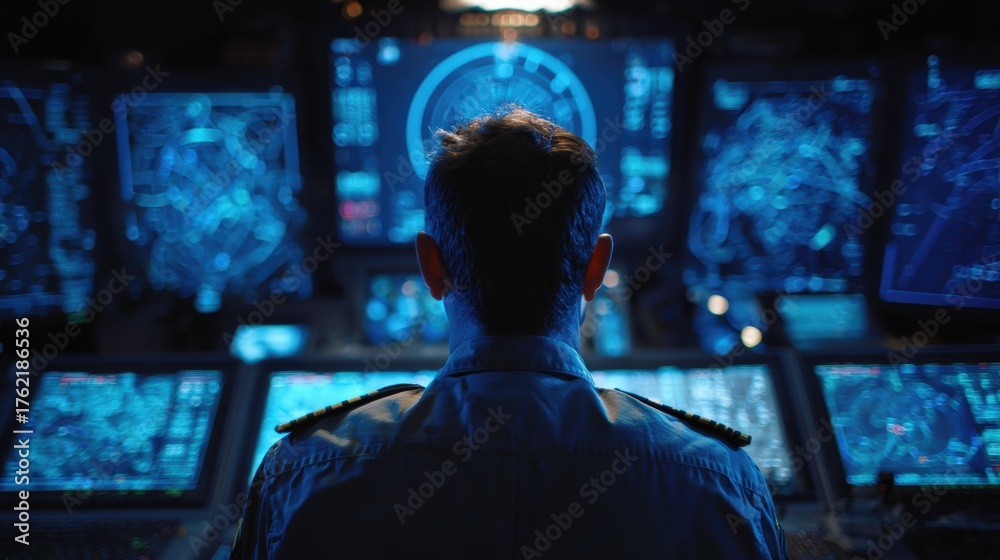 Obraz premium Army Officer Monitoring Radar Screens in Futuristic Control Room