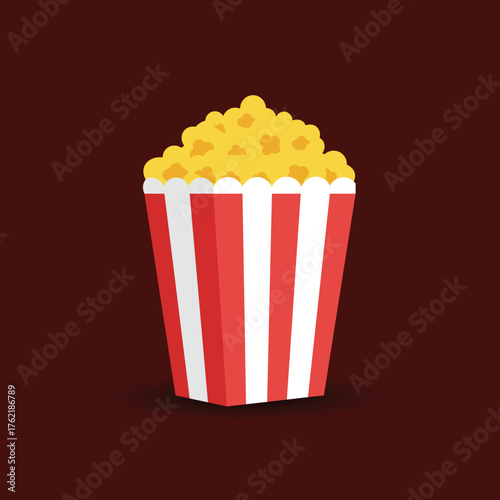 Minimalist Popcorn Bucket Flat Vector Icon Dark Red Background vector illustration for cinema food and entertainment concept design template image vector