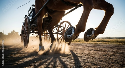 A dynamic shot capturing a horse-drawn carriage in motion, showcasing the powerful hooves kicking up dust. The sun backlights the scene