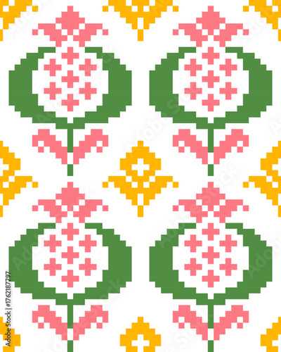 Pixel art floral fabric pattern in pink, green, and yellow tones. Perfect for weaving, embroidery, or knitting textile designs inspired by traditional handmade crafts.