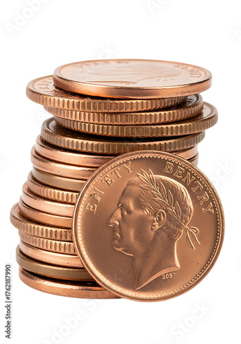 A stack of lincoln head pennies isolated on a transparent background representing wealth and savings isolated on transparent background