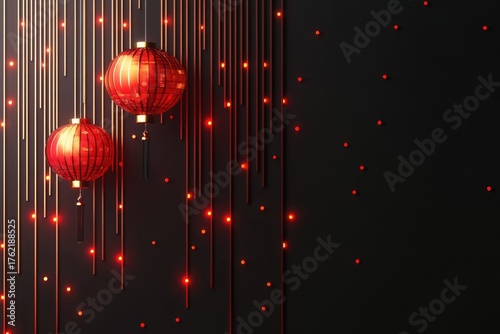 Traditional red Chinese lanterns hanging on dark background with glowing light particles. Festive composition symbolizing celebration, culture, good fortune. For Lunar New Year, Asian-style decoration