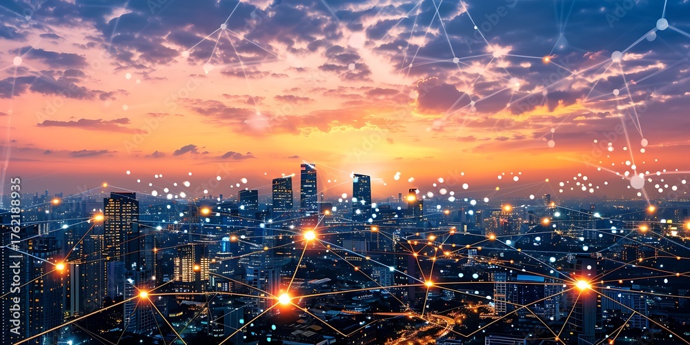 Fototapeta premium Connected cityscape with glowing network lines at sunset, symbolizing technology and global communication.