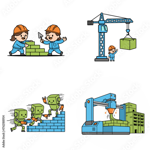 The evolution of construction: from bricklayers to 3D printing. The replacement of manual labor with cranes, robots, and 3D printers symbolizes job cuts. A set of four images.