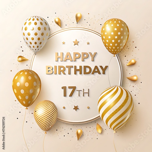 Elegant happy 17th birthday celebration with golden balloons and confetti