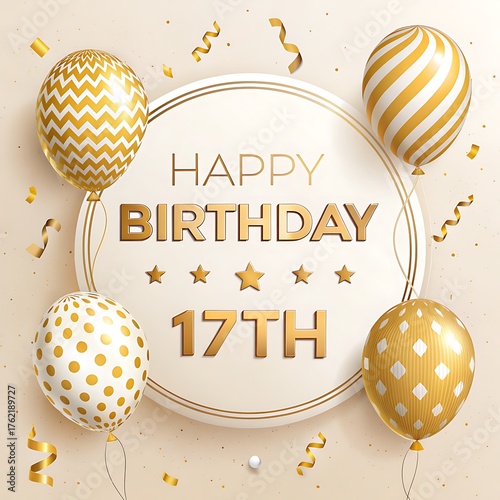 Elegant gold and white happy 17th birthday celebration with balloons and confetti