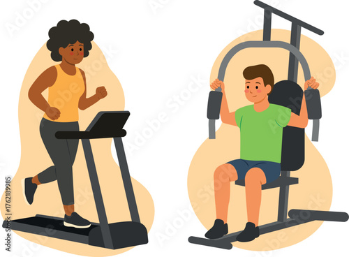 gente haciendo ejercicio en caminadora y multifuncional para brazo. gimnasio