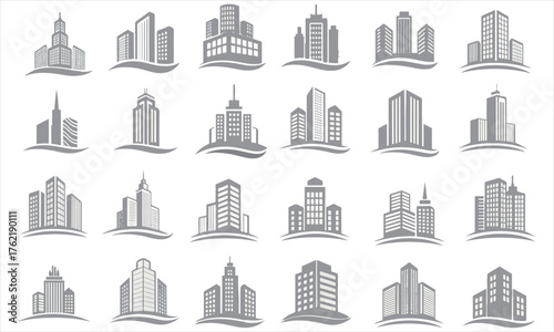 Collection of modern city skyline and building vector icons. Includes skyscrapers, office towers, apartments, and urban architecture in a minimalistic style — perfect for real estate, construction .