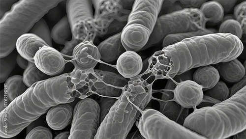 High-resolution scanning electron micrograph revealing intricate bacterial colonies and their detailed cellular structures, showcasing microscopic life and microbial interactions