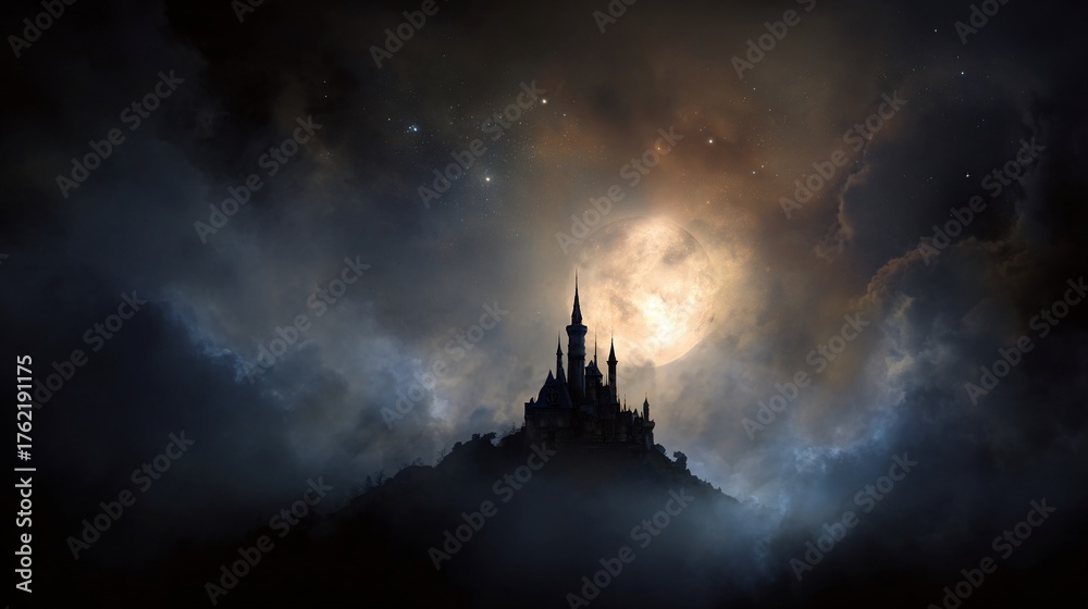 Fototapeta premium Silhouetted castle on a hill under a bright moon, framed by dark, swirling clouds