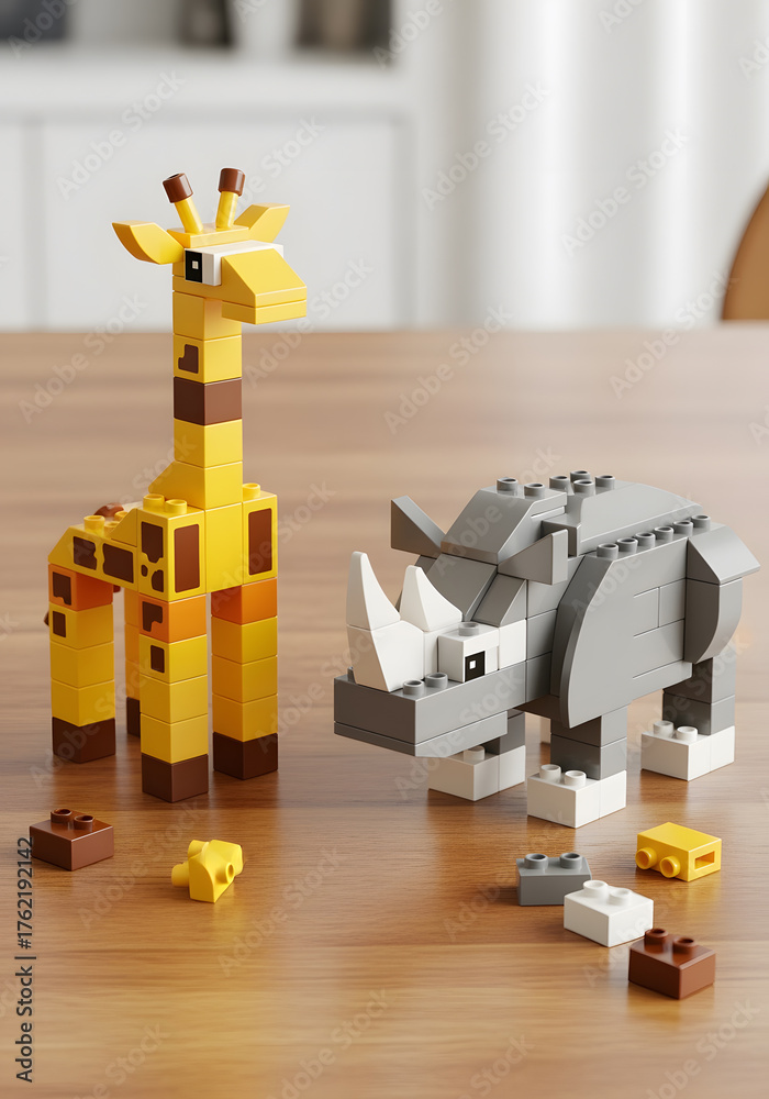 Obraz premium Colorful Toy Blocks Arranged as Giraffe and Rhinoceros