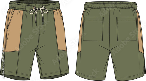 Two tone shorts front and back view, drawstring waistband, side pockets, patch back pockets, casual fashion flat sketch, vector illustration