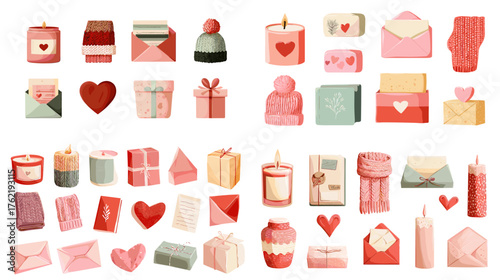 Warm pastel Valentine illustration featuring gifts, hearts, envelopes, candles, and mittens. Ideal for romantic greeting cards, cozy winter packaging, and love-themed creative projects.