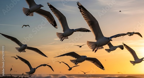 A flock of white birds with black wingtips soars against an orange and blue gradient sky at sunset. The ocean is in the distance