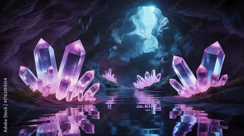 Fototapeta premium magical fantasy cave with glowing water reflection