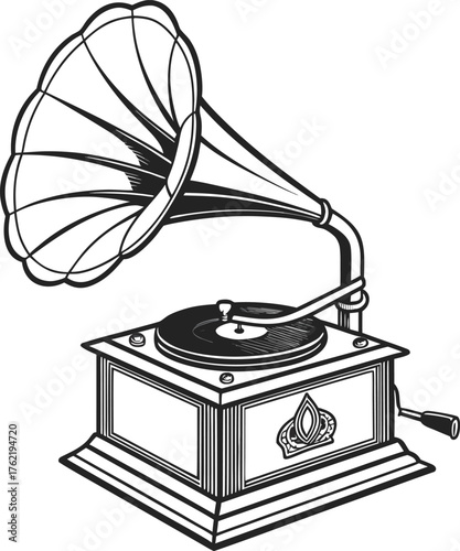Vintage gramophone with horn and record player. Vector