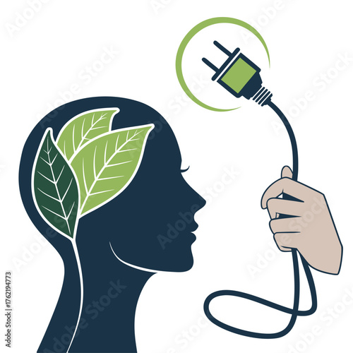 Connecting to a green mindset, A hand plugging into a head with leaves, A concept of eco-friendly thinking, Vector illustration - Generative AI
