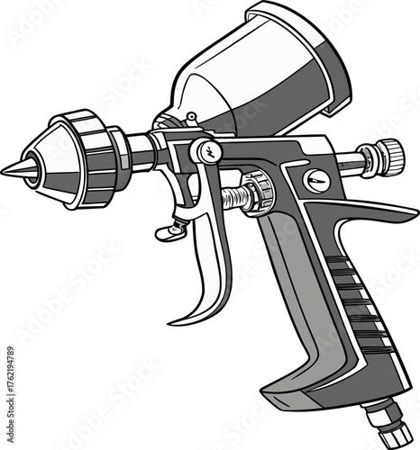 Detailed illustration of a professional spray gun for painting and coating. Vector