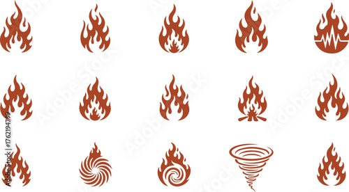 Diverse Set of Fire Flame Icons and Symbolic Representations on a White Background for Design Projects