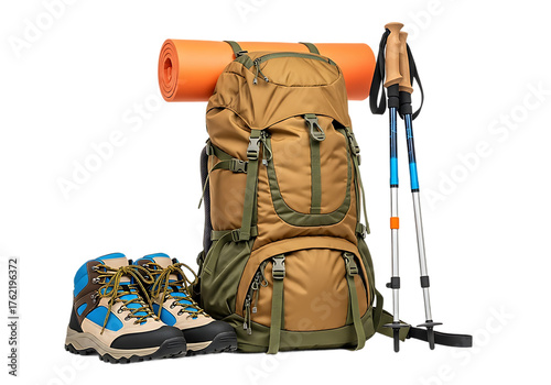 A large tan hiking backpack with an orange sleeping pad on top a pair of hiking boots and two trekking poles isolated on transparent background