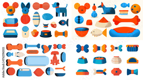 Colorful vector illustration set of pet accessories including dog bowls, bones, toys, and food in orange and blue tones. Perfect for pet shop branding, packaging, and animal care design projects.