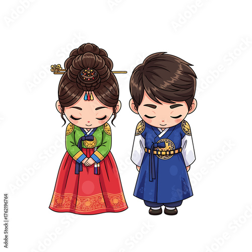 Cartoon illustration of a Korean couple in traditional Hanbok clothing, bowing respectfully.