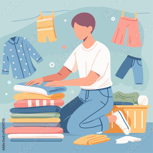 Illustration of a man folding clothes