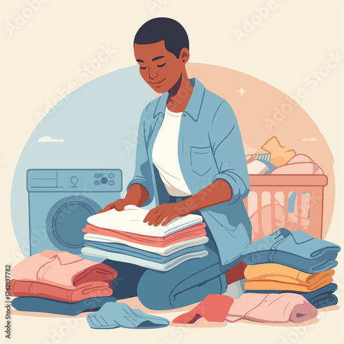 Illustration of a man folding clothes
