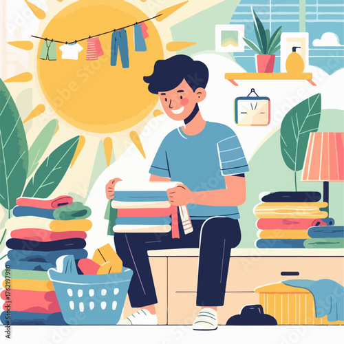 Illustration of a man folding clothes