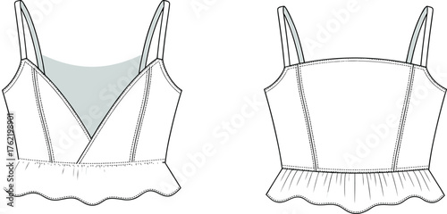 Sleeveless ruffle hem top fashion sketch, technical garment illustration, princess seam blouse front and back view, cad drawing flat vector illustration