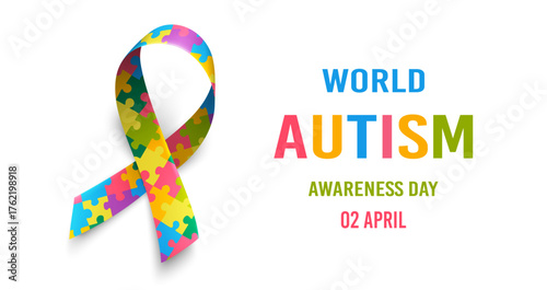Poster with realistic puzzle ribbon. Symbol of world awareness Autism Spectrum Disorder day, 2 of april. Design template, vector illustration