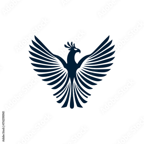 Majestic Phoenix Bird Logo spreading powerful wings, abstract graphic design icon, mythical creature symbol of strength, freedom, and success.