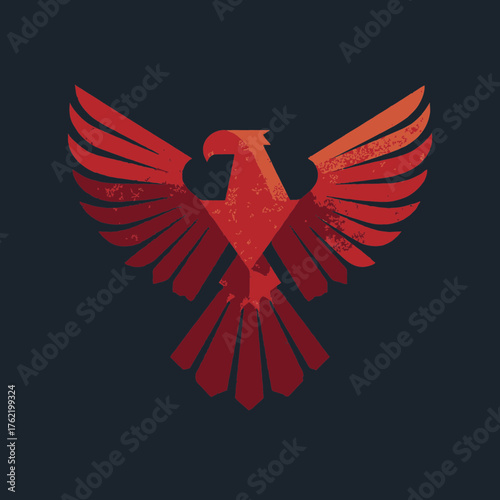 Stylized Phoenix or Eagle Bird Illustration with Outstretched Wings. Grungy Red and Orange Flying Avian Symbol of Power, Freedom, and Mythical Strength.