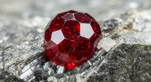 Faceted Red Garnet Gemstone on Mica Matrix - A Close-Up View.