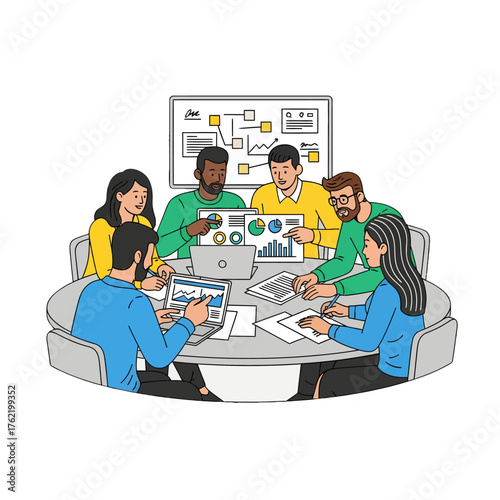 Dynamic diverse team collaborating on business strategy with data charts and laptops in modern office, fostering innovation and growth for success