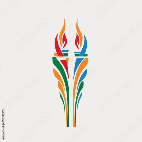 Modern abstract colorful torch design with vibrant flames. Symbolic vector graphic representing victory, competition, and celebration.