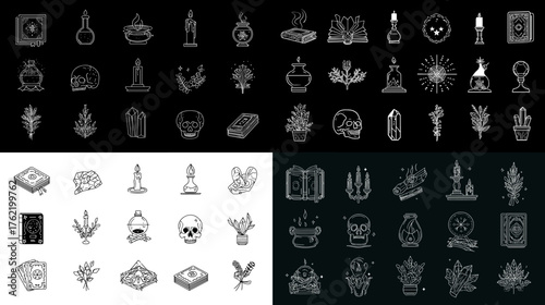 Mystical black and white witchcraft icons including candles, skulls, herbs, potions, and crystals. Perfect for dark aesthetic designs, gothic tattoos, or occult-inspired vector artwork.