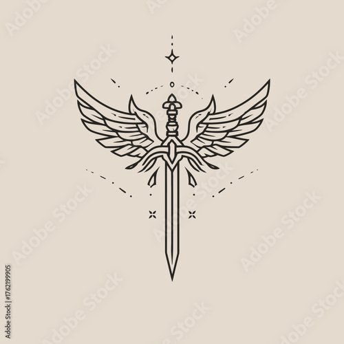 Elegant Winged Sword Line Art Illustration. Minimalist Graphic Symbol of an Angelic Blade for Fantasy Themes.