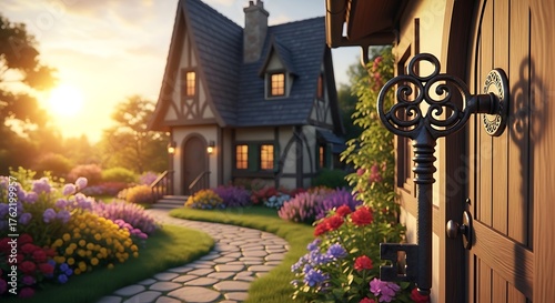 Enchanting Cottage Garden - A Whimsical Home at Sunset.