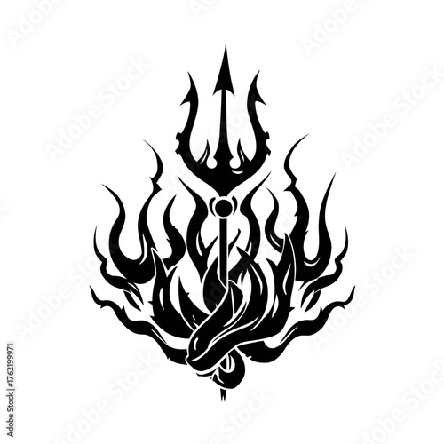 Powerful stylized tribal trident with flaming abstract elements and a coiled serpent graphic design. Mythical sea god symbol.