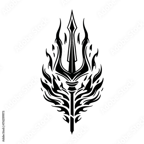 Powerful mythological trident weapon in a stylized black and white flaming tribal vector illustration. Abstract design element.