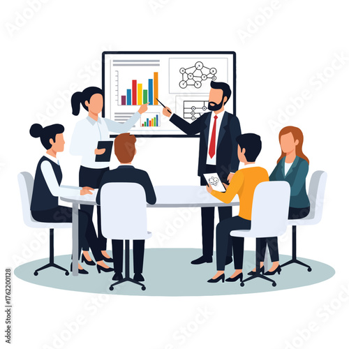 Dynamic business team presenting data analysis on whiteboard, fostering collaboration and innovation in a modern office environment for strategic growth