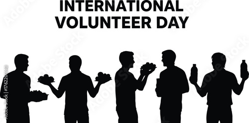 International volunteer day with people holding food and water bottles in silhouette vector illustration