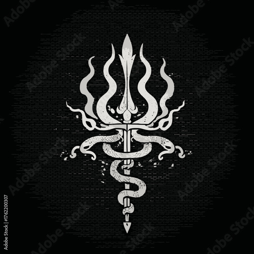 Mystic Trident with Flames and Intertwined Snakes Graphic on Dark Grunge Background. Esoteric Symbolism and Fantasy Art.