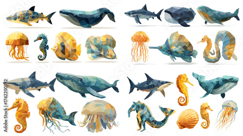 Geometric low poly illustration of whales, sharks, jellyfish, seahorses, and shells. Ideal for marine posters, educational materials, polygon vector art, and ocean conservation designs.