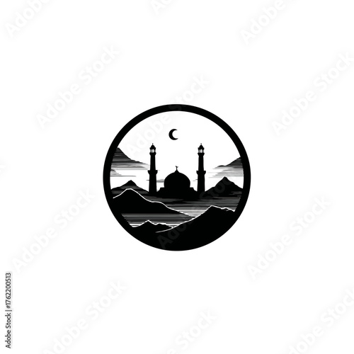 Mosque silhouette with crescent moon and mountains in a minimalist circular vector illustration, representing Islamic spirituality.