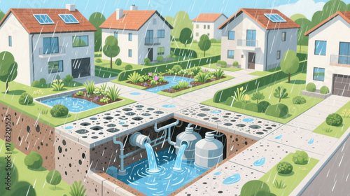 Rainwater harvesting sponge city neighborhood storm, eco houses with green gardens and permeable pavement manage runoff with underground tanks